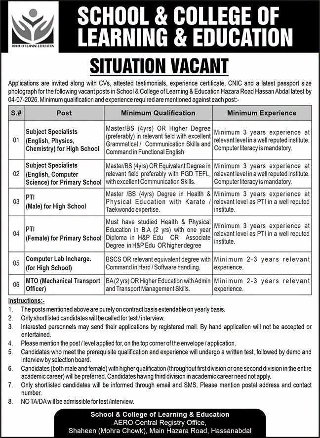 School & College Of Learning & Education Hassanabdal Jobs June 2026
