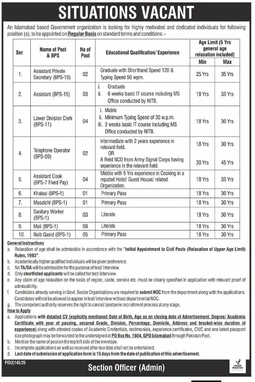 Government Organization Islamabad Jobs 2026 – Multiple Vacancies (BPS-01 to BPS-16)